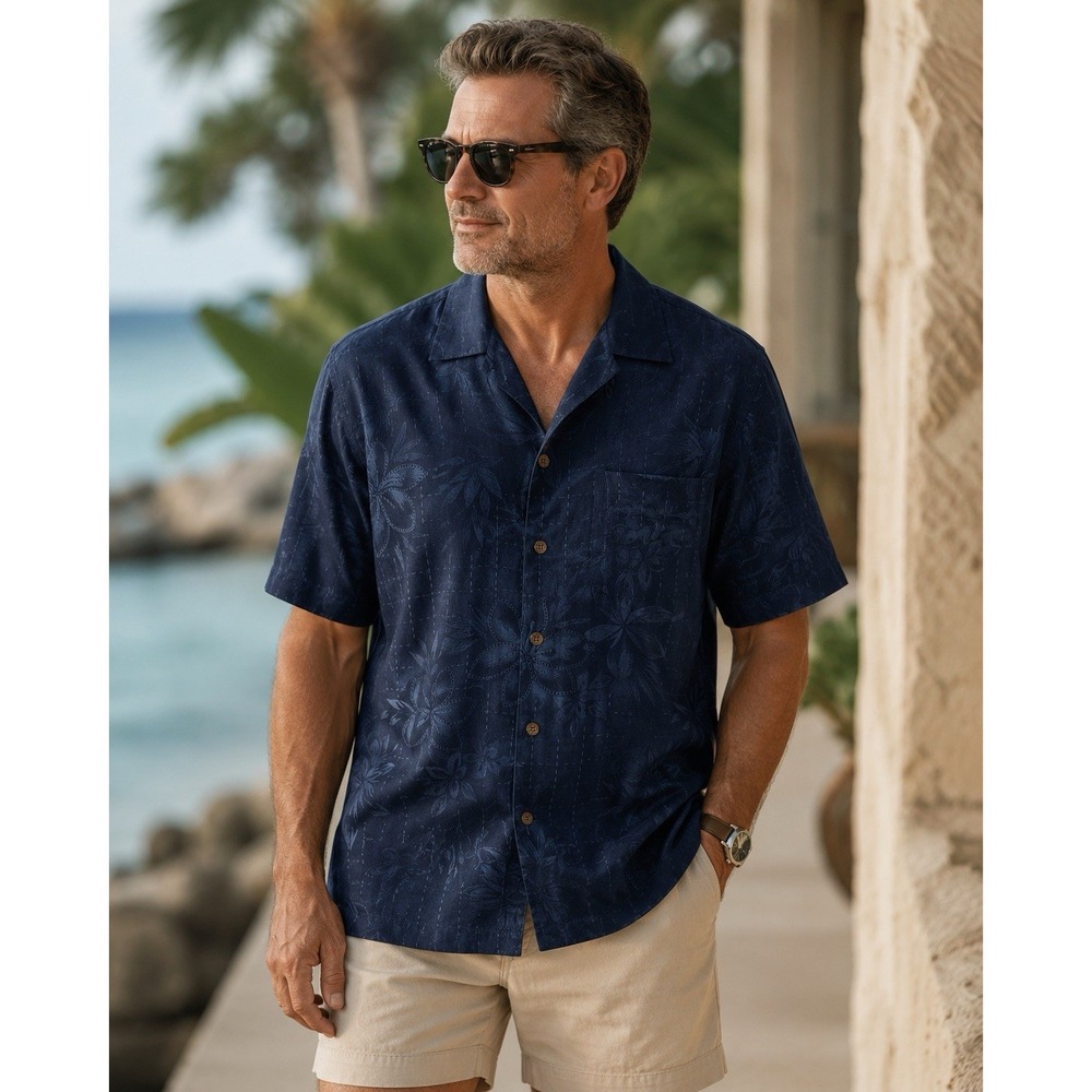 Tommy Bahama 100% Silk Men's Large Navy Button Down Short Sleeve Shirt Hawaiian